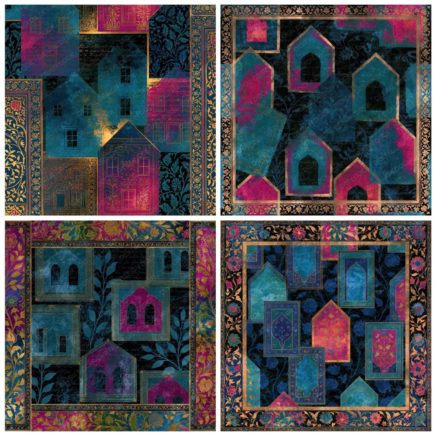 Mughal Card Houses Teal Magenta Digital Paper Pack (DDD014014)