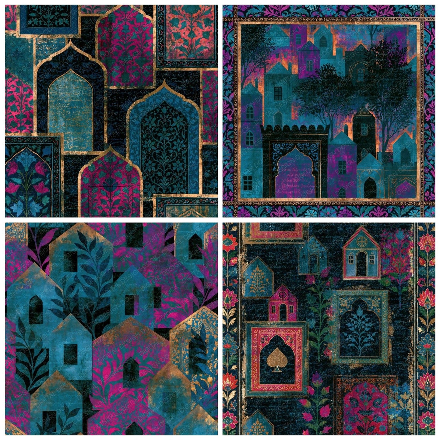 Mughal Card Houses Teal Magenta Digital Paper Pack (DDD014014)
