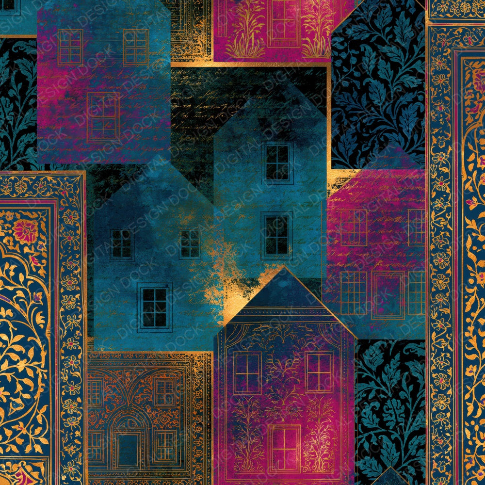 Mughal Card Houses Teal Magenta Digital Paper Pack (DDD014014)