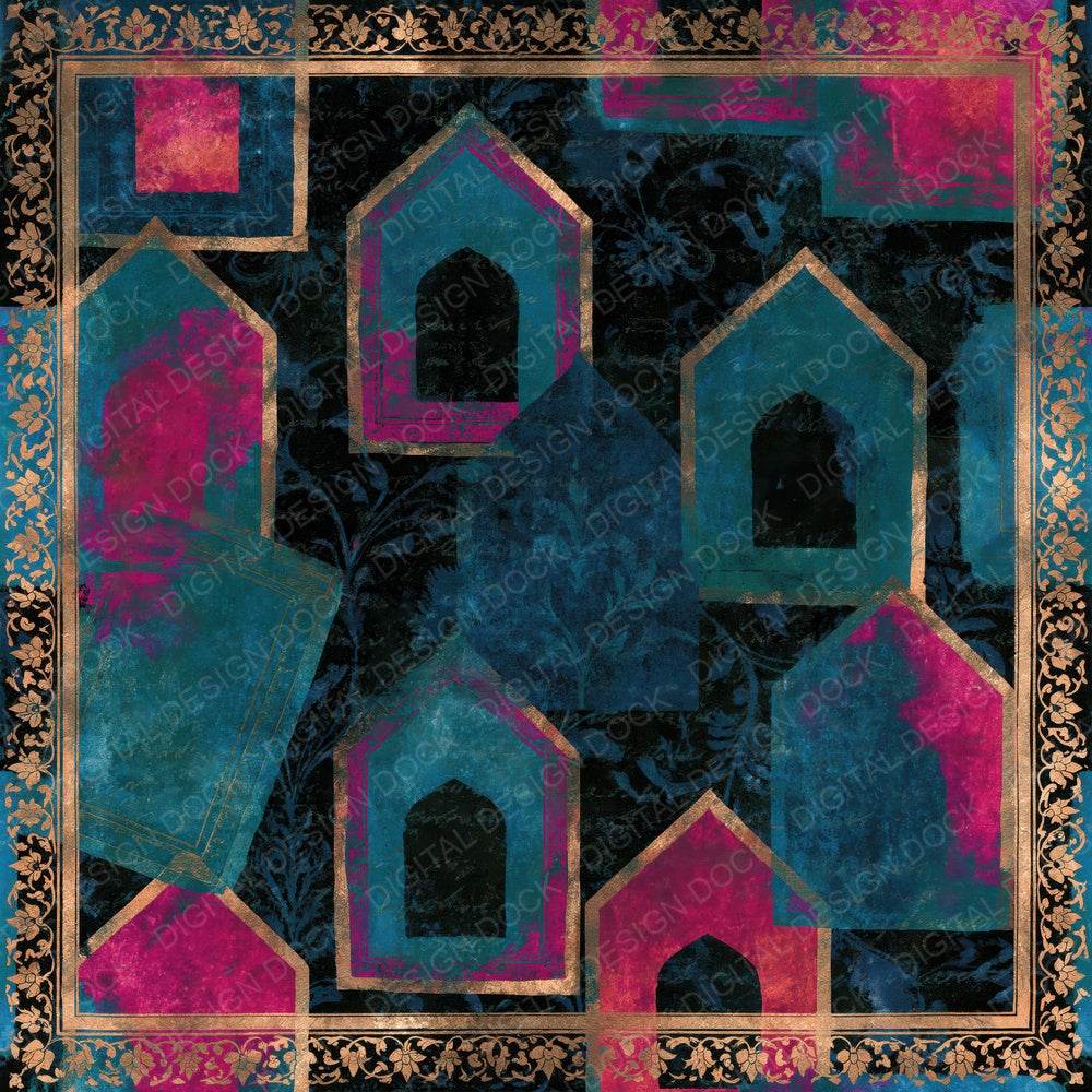 Mughal Card Houses Teal Magenta Digital Paper Pack (DDD014014)