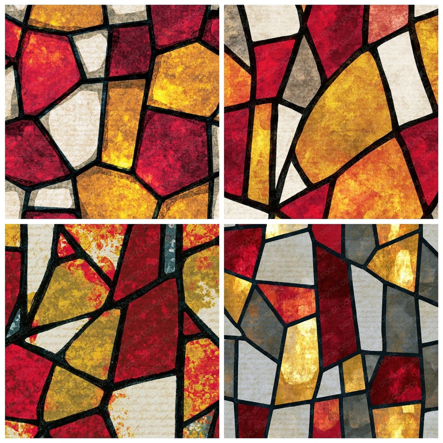 Stained Glass Red Lemon Abstract Digital Paper Pack (DDD014020)