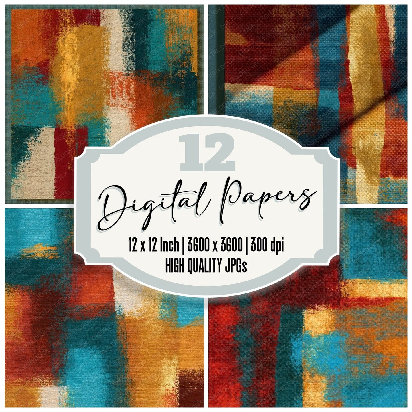 Tapestry Rust Mustard Turquoise Abstract Digital Paper Pack (DDD014021)