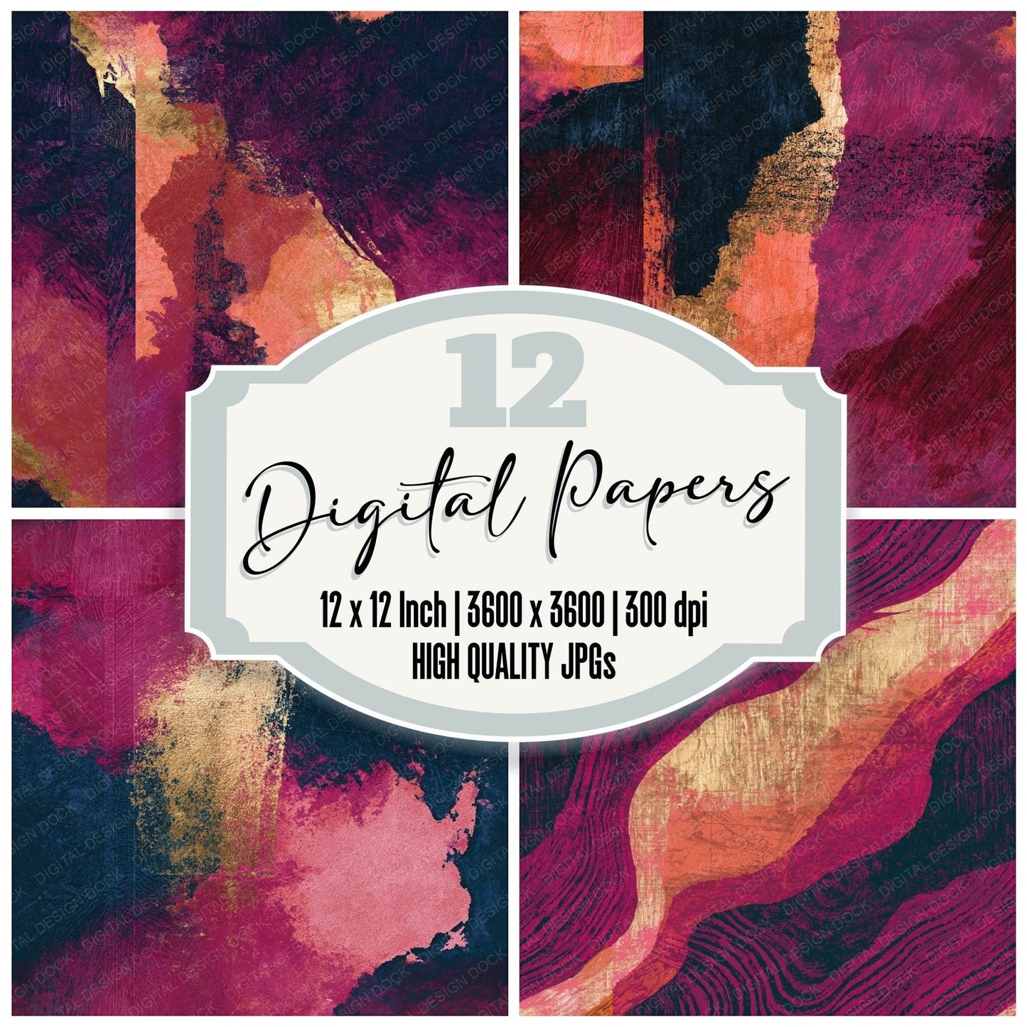 Woodcut Dusty Rose Oxblood Aubergine Abstract Seamless Digital Paper Pack (DDD014024)