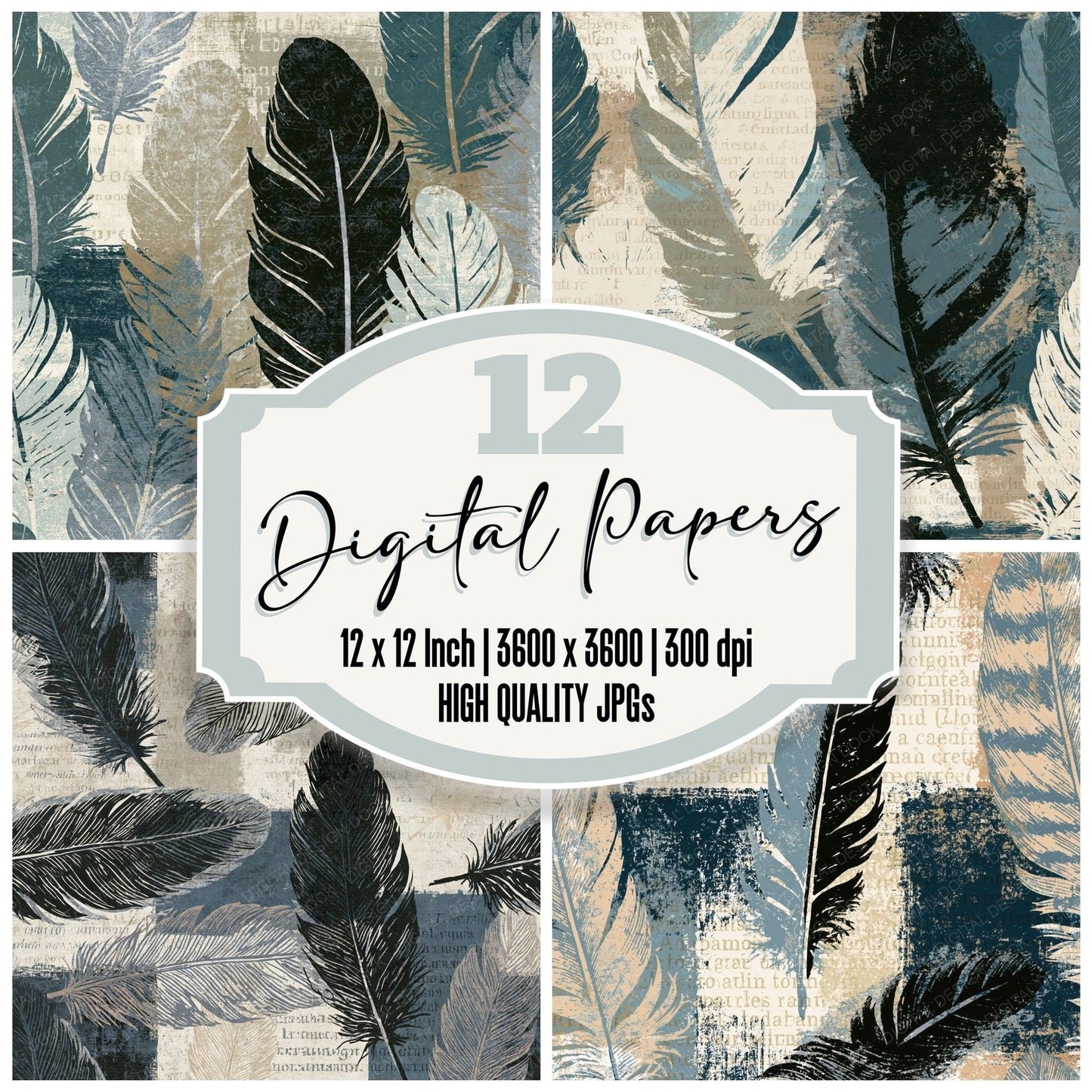 Pop Art Feathers Linen Slate Digital Paper Pack (DDD014038)