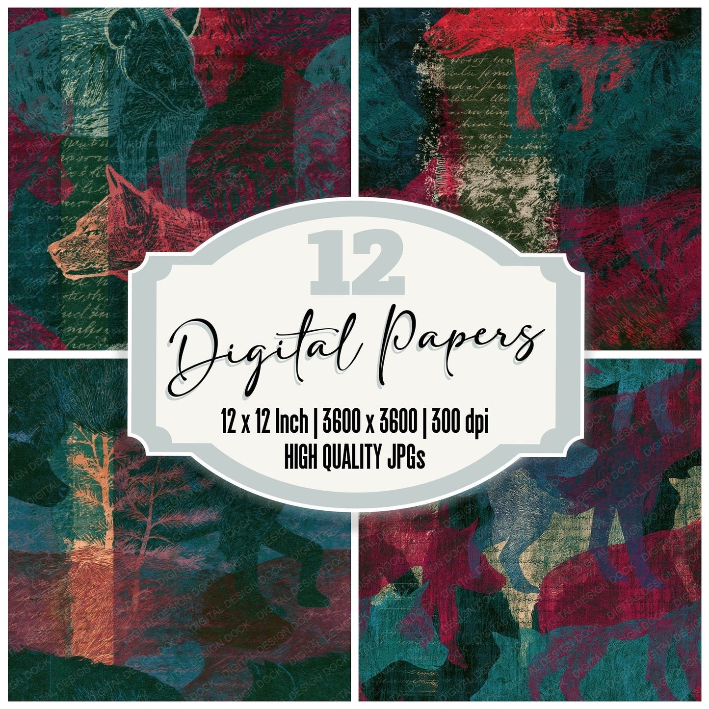Scratchboard Hyena Malachite Burgundy Seamless Digital Paper Pack (DDD014040)