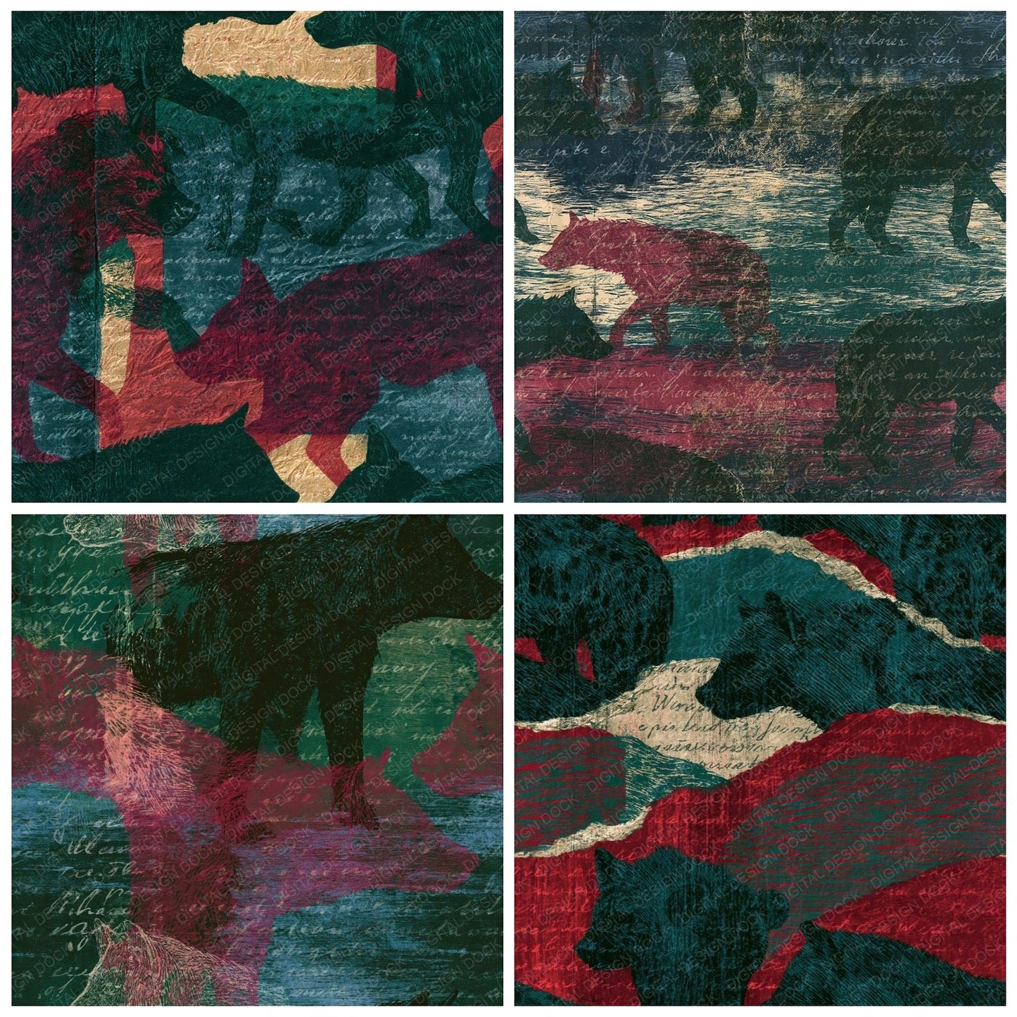 Scratchboard Hyena Malachite Burgundy Seamless Digital Paper Pack (DDD014040)
