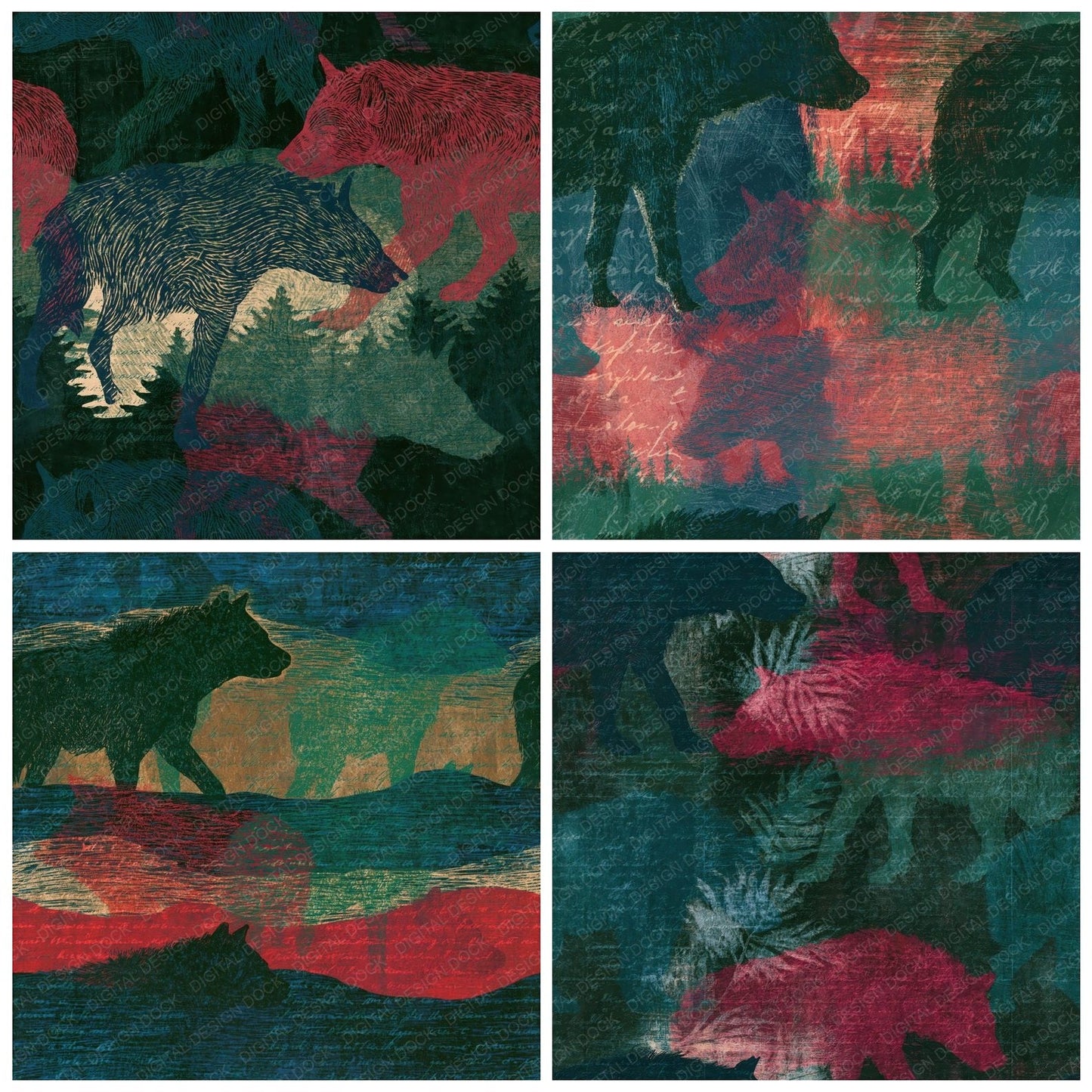 Scratchboard Hyena Malachite Burgundy Seamless Digital Paper Pack (DDD014040)