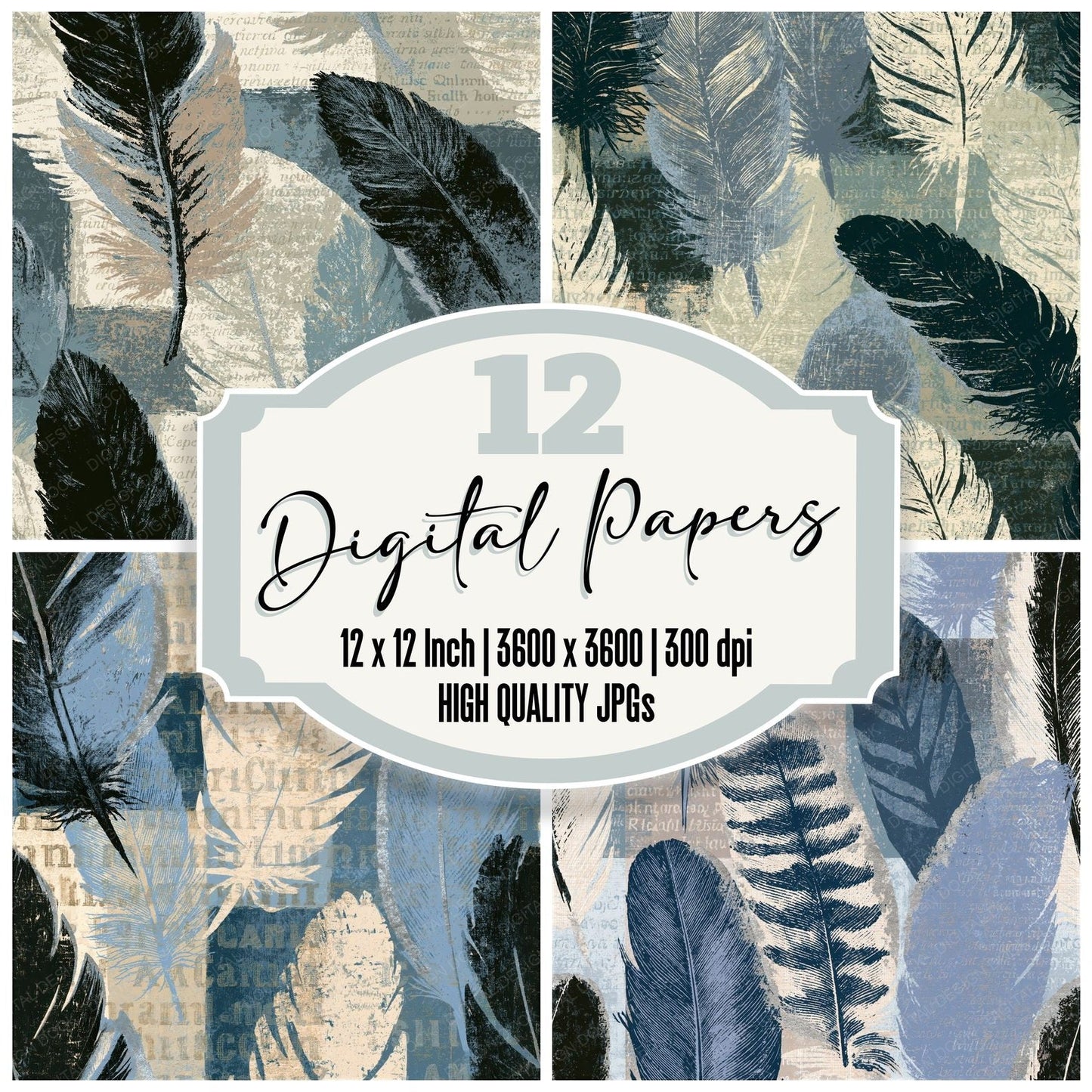 Seamless Feathers Linen Slate Digital Paper Pack (DDD014041)