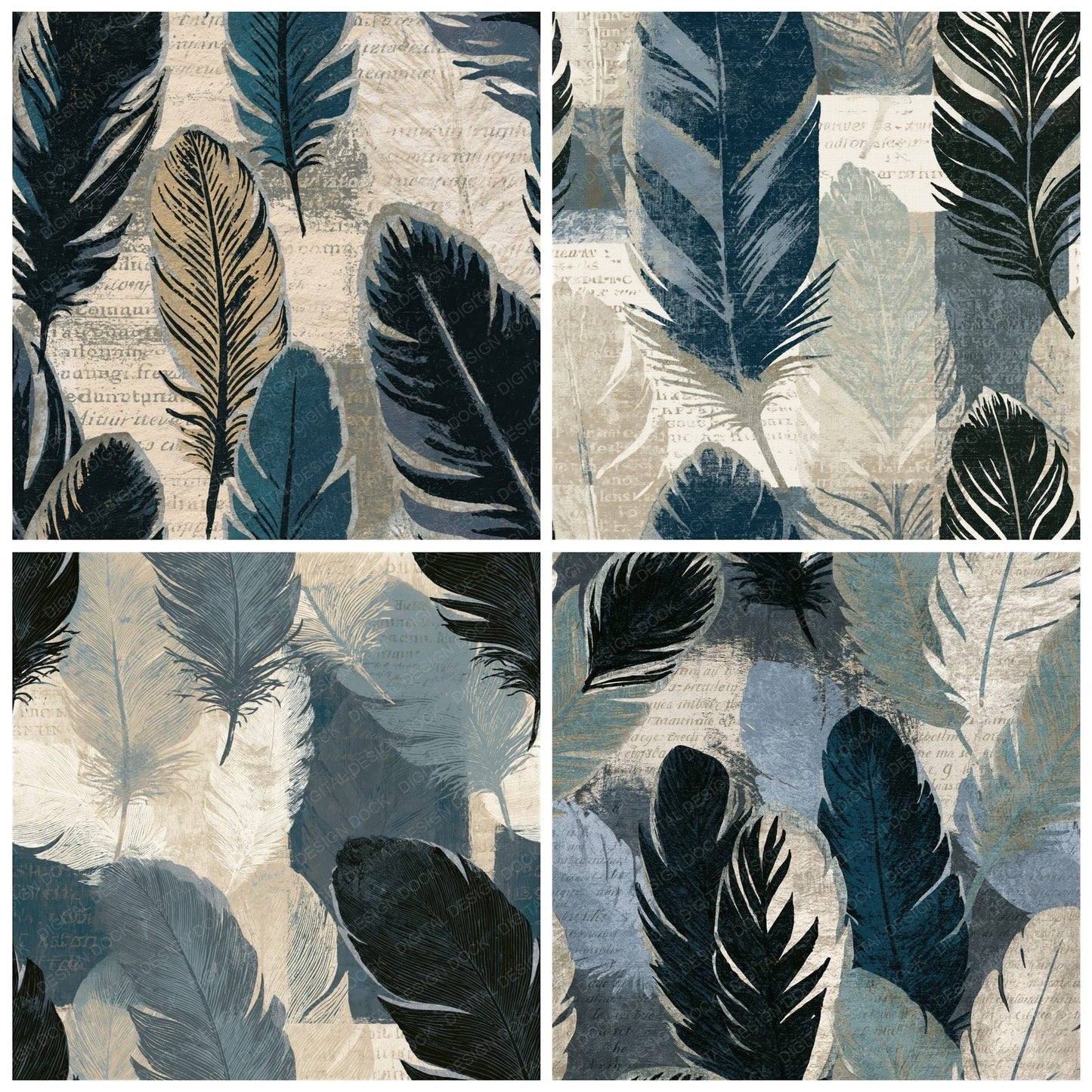 Seamless Feathers Linen Slate Digital Paper Pack (DDD014041)