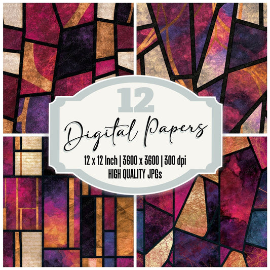 Stained Glass Raspberry Plum Abstract Digital Paper Pack (DDD014042)