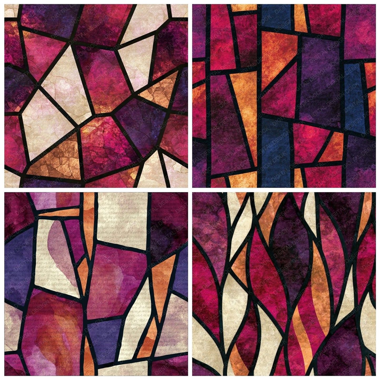 Stained Glass Raspberry Plum Abstract Digital Paper Pack (DDD014042)
