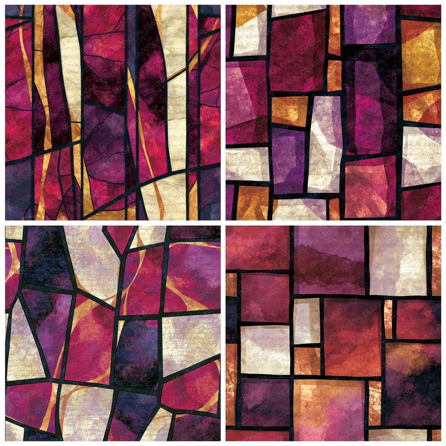 Stained Glass Raspberry Plum Abstract Digital Paper Pack (DDD014042)