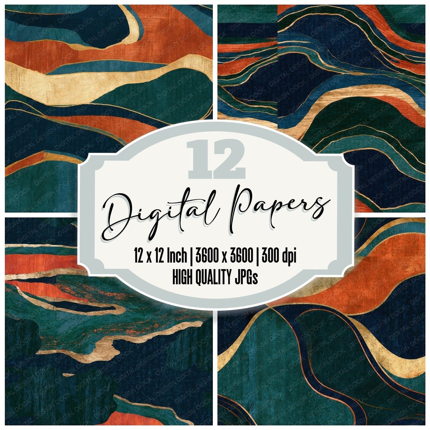 Ukiyo-e Midnight Green Copper Navy Abstract Seamless Digital Paper Pack (DDD014043)