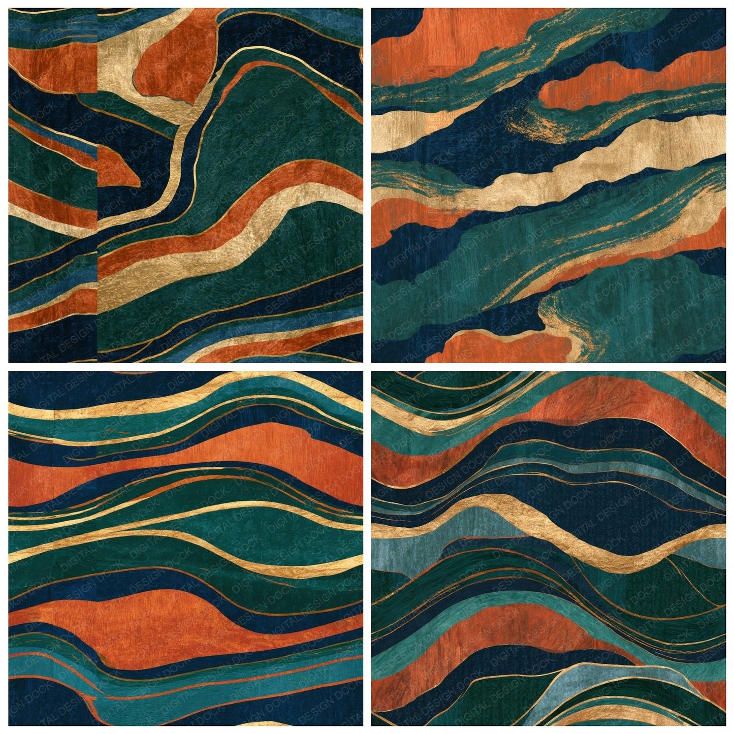 Ukiyo-e Midnight Green Copper Navy Abstract Seamless Digital Paper Pack (DDD014043)