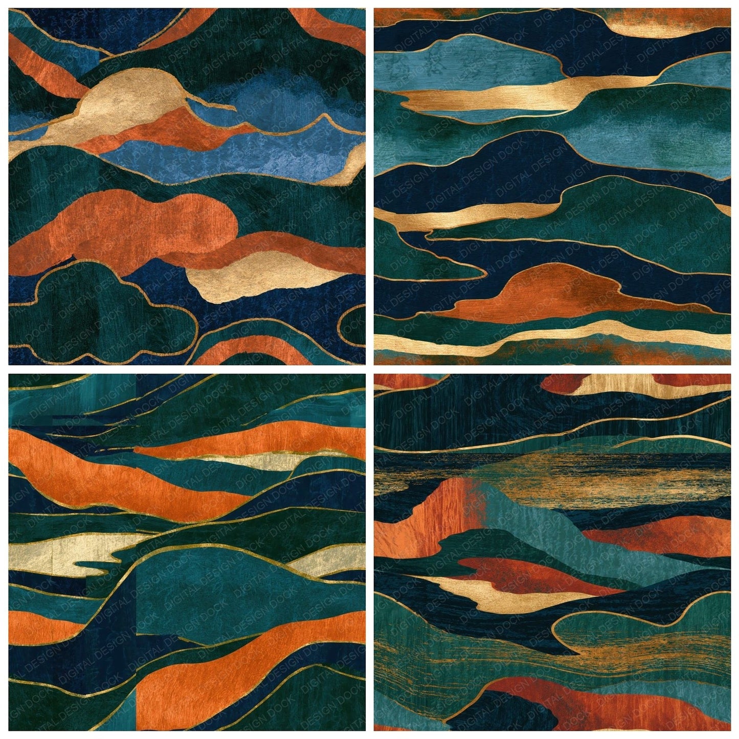 Ukiyo-e Midnight Green Copper Navy Abstract Seamless Digital Paper Pack (DDD014043)