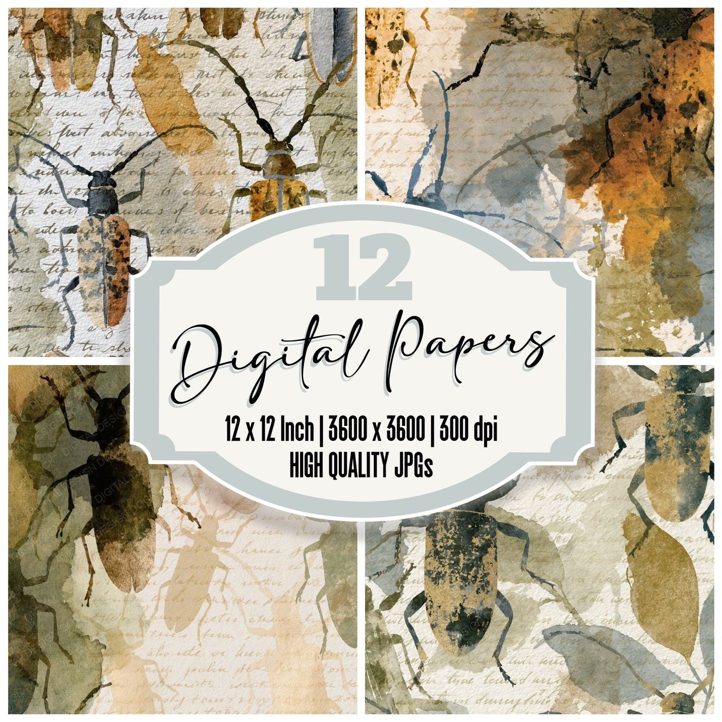 Watercolour Longhorn Beetles Sepia Olive Digital Paper Pack (DDD014044)