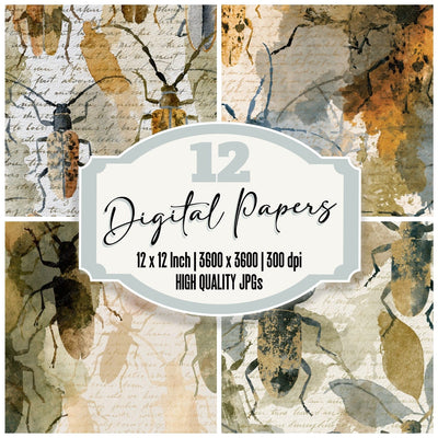 Watercolour Longhorn Beetles Sepia Olive Digital Paper Pack (DDD014044)