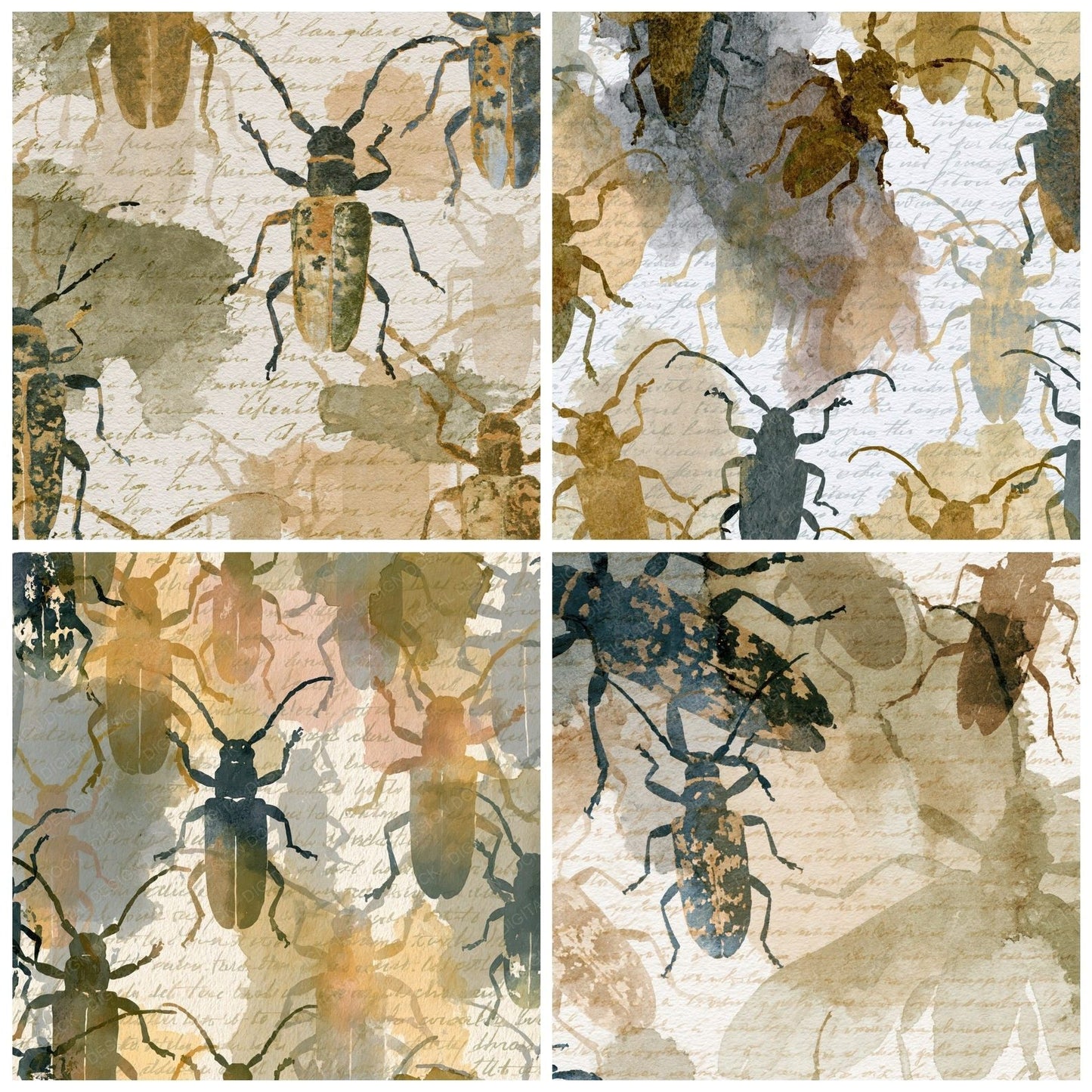 Watercolour Longhorn Beetles Sepia Olive Digital Paper Pack (DDD014044)
