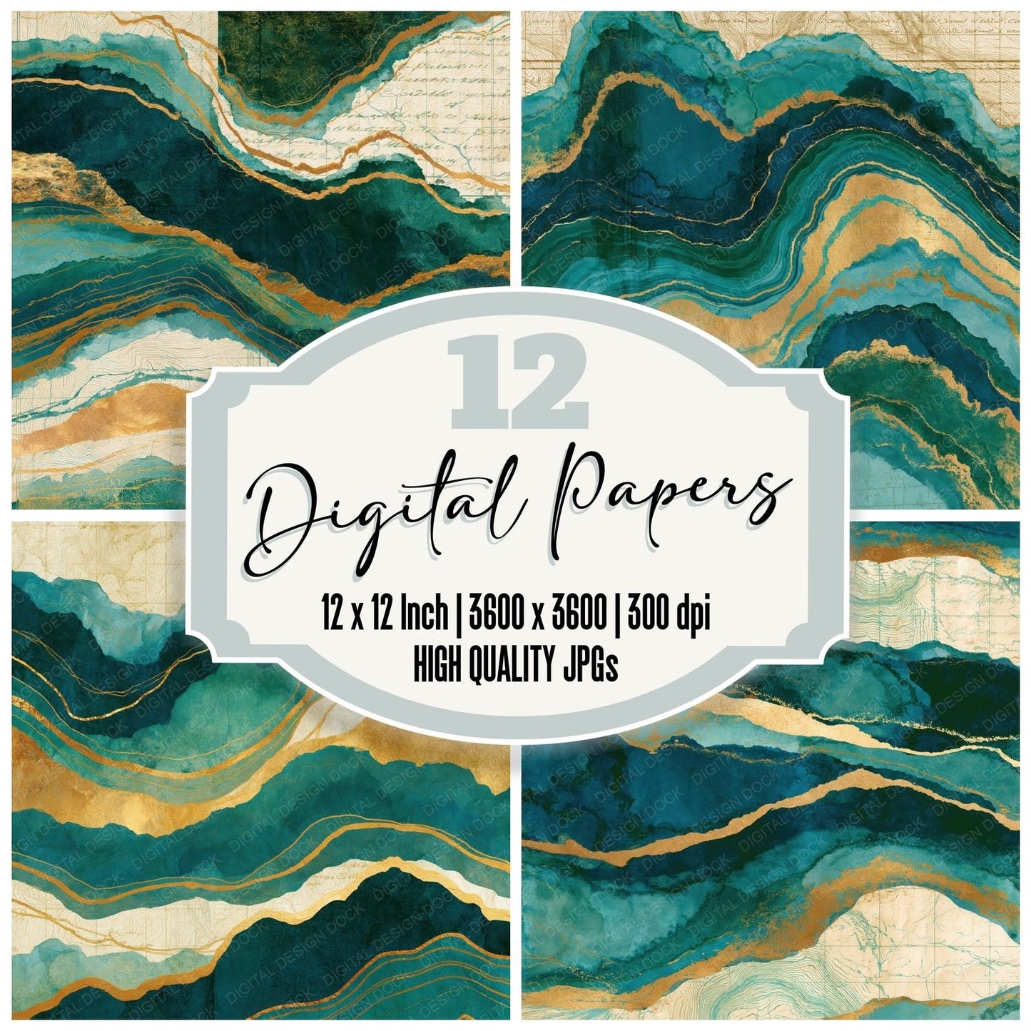 Antique Map Malachite Teal Abstract Digital Paper Pack (DDD014045)