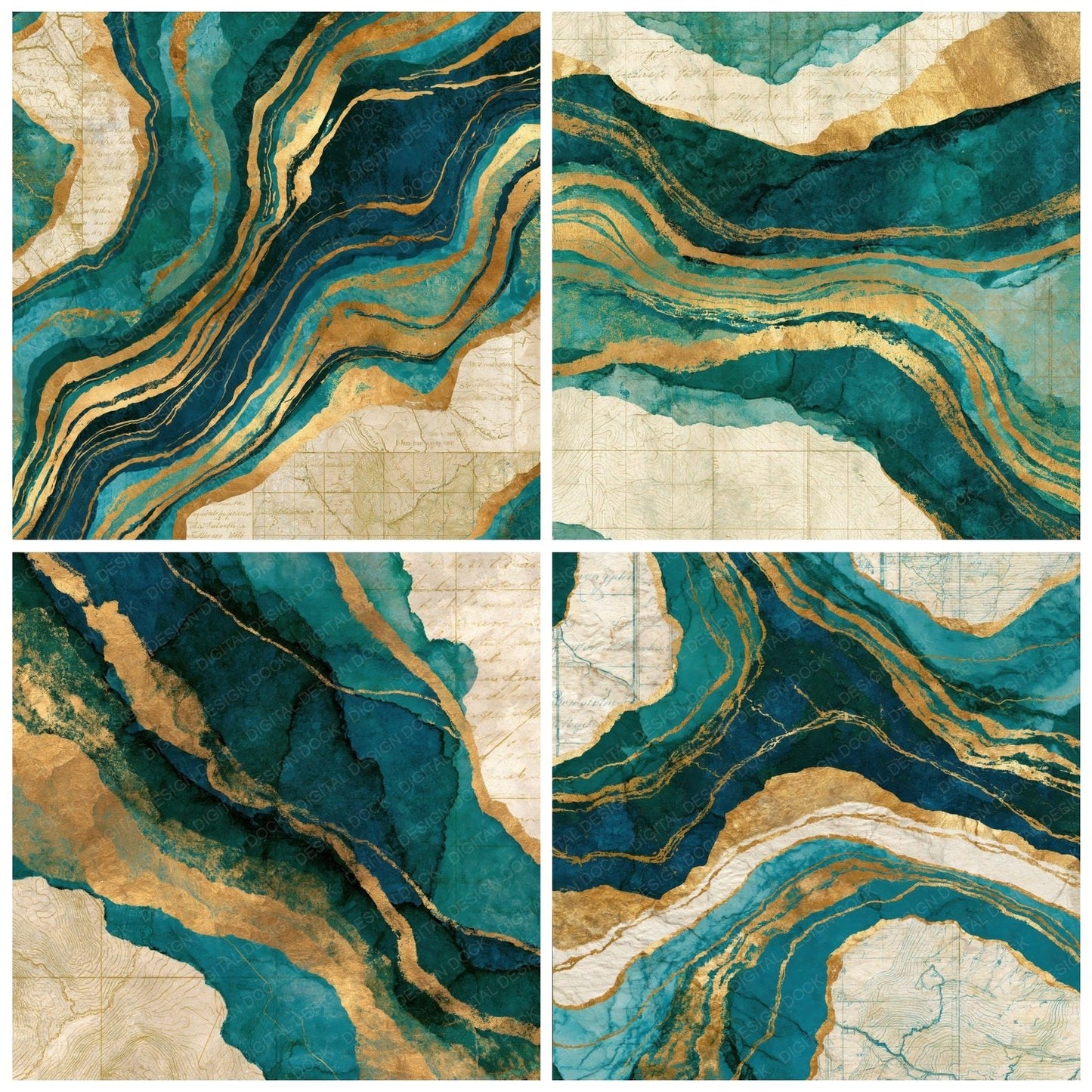 Antique Map Malachite Teal Abstract Digital Paper Pack (DDD014045)