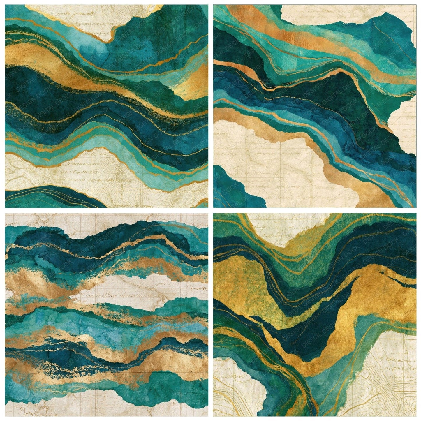 Antique Map Malachite Teal Abstract Digital Paper Pack (DDD014045)