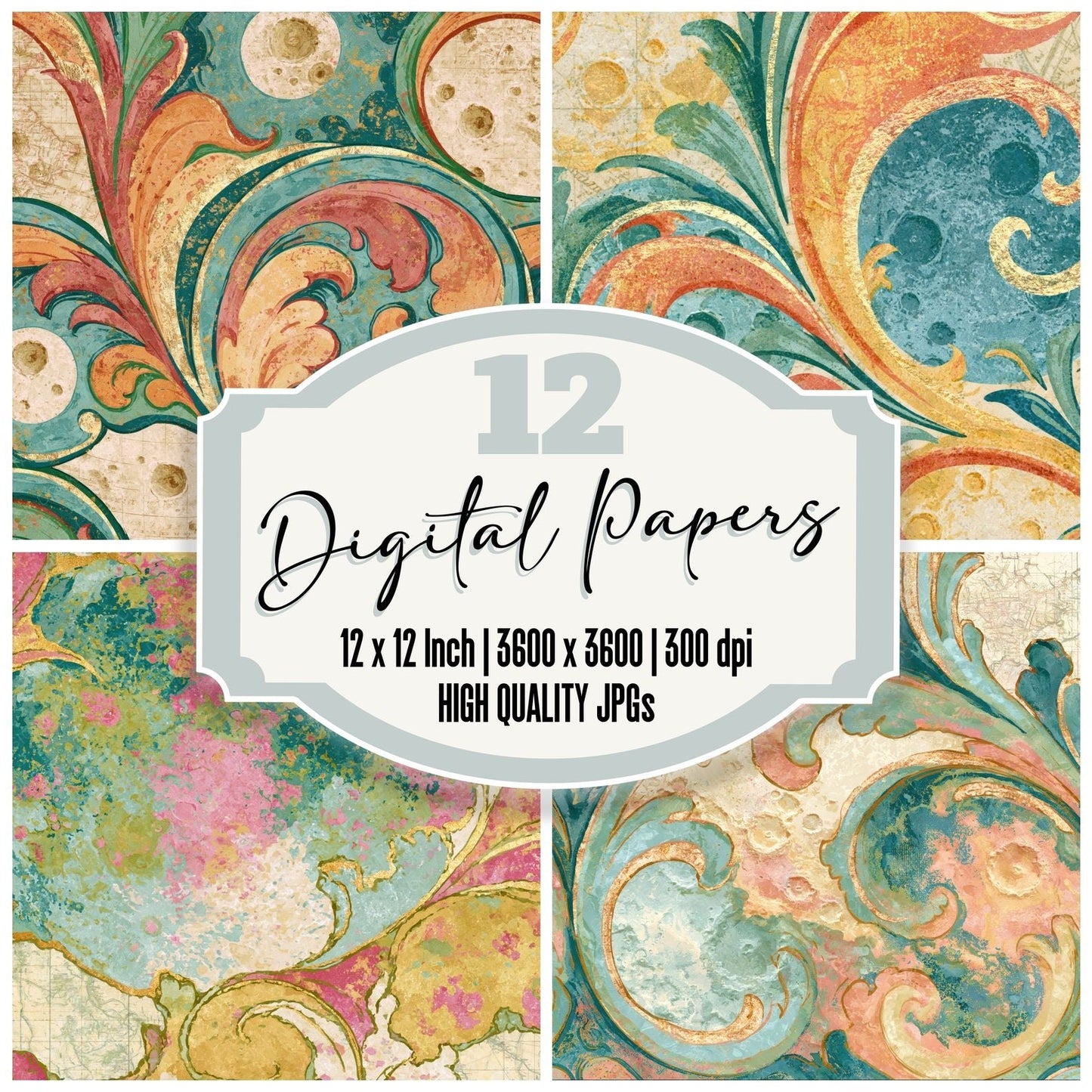 Baroque Lunar Craters Mint Strawberry Lemon Digital Paper Pack (DDD014047)