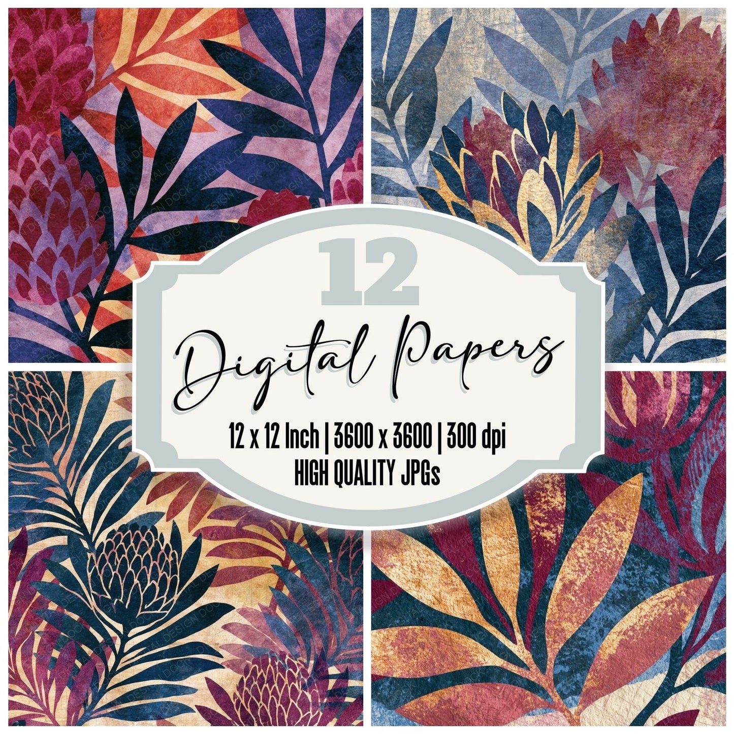 Cyanotype Banksia Wine Rose Digital Paper Pack (DDD014053)