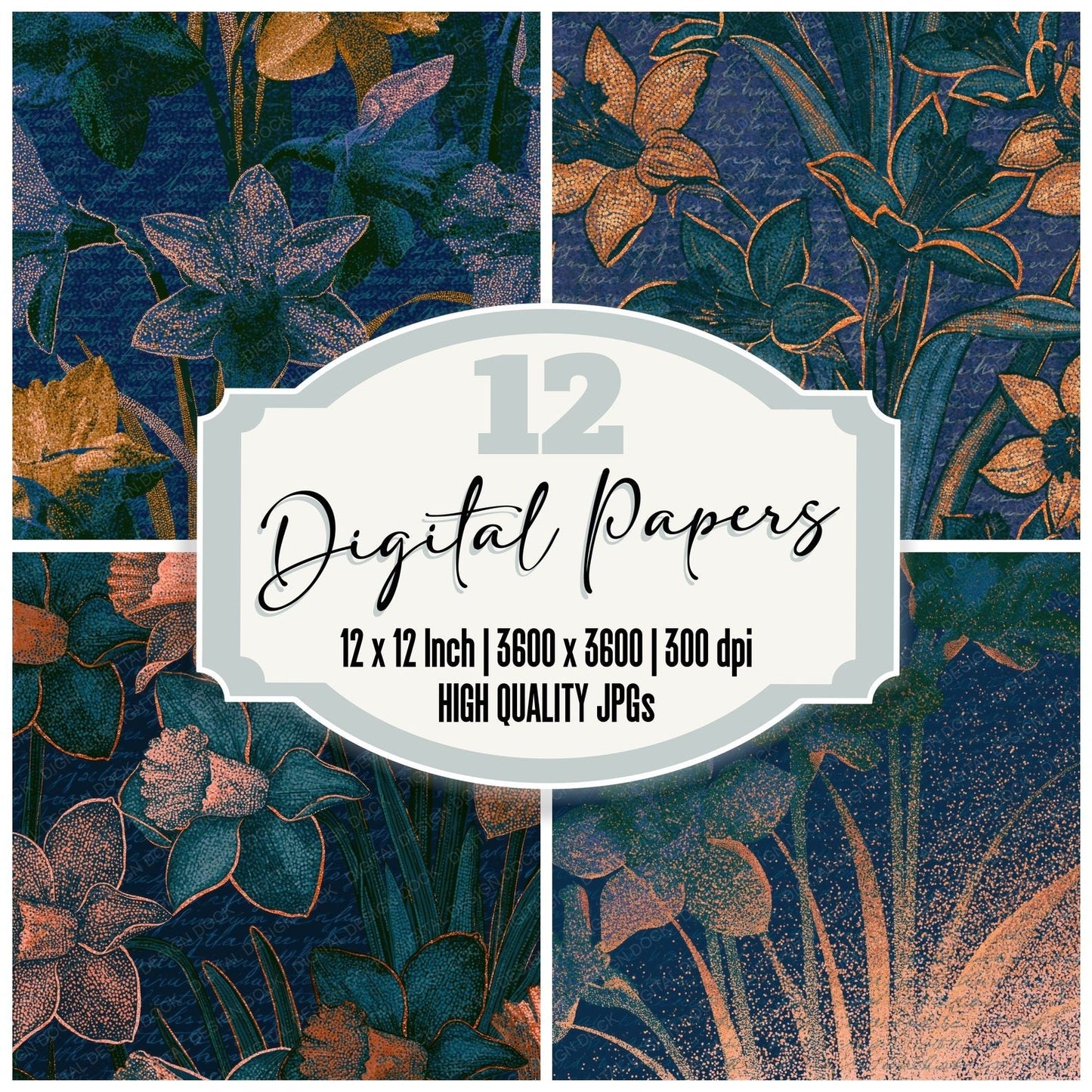 Pointillism Daffodils Midnight Green Copper Digital Paper Pack (DDD014060)