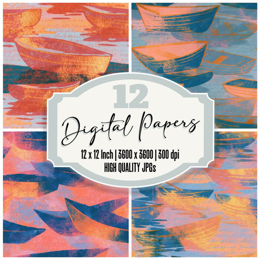 Risograph Rowing Boats Apricot Rose Seamless Digital Paper Pack (DDD014061)
