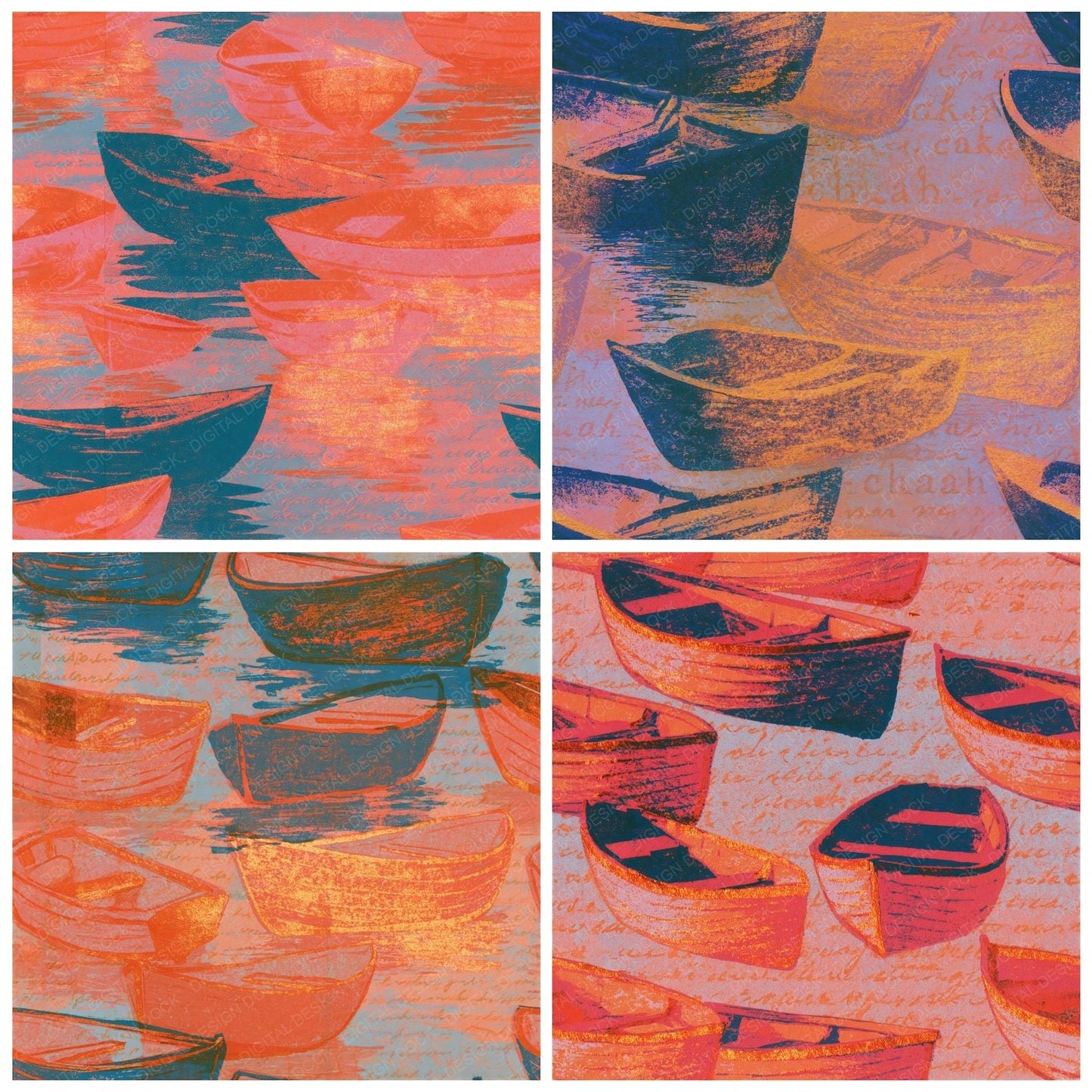 Risograph Rowing Boats Apricot Rose Seamless Digital Paper Pack (DDD014061)