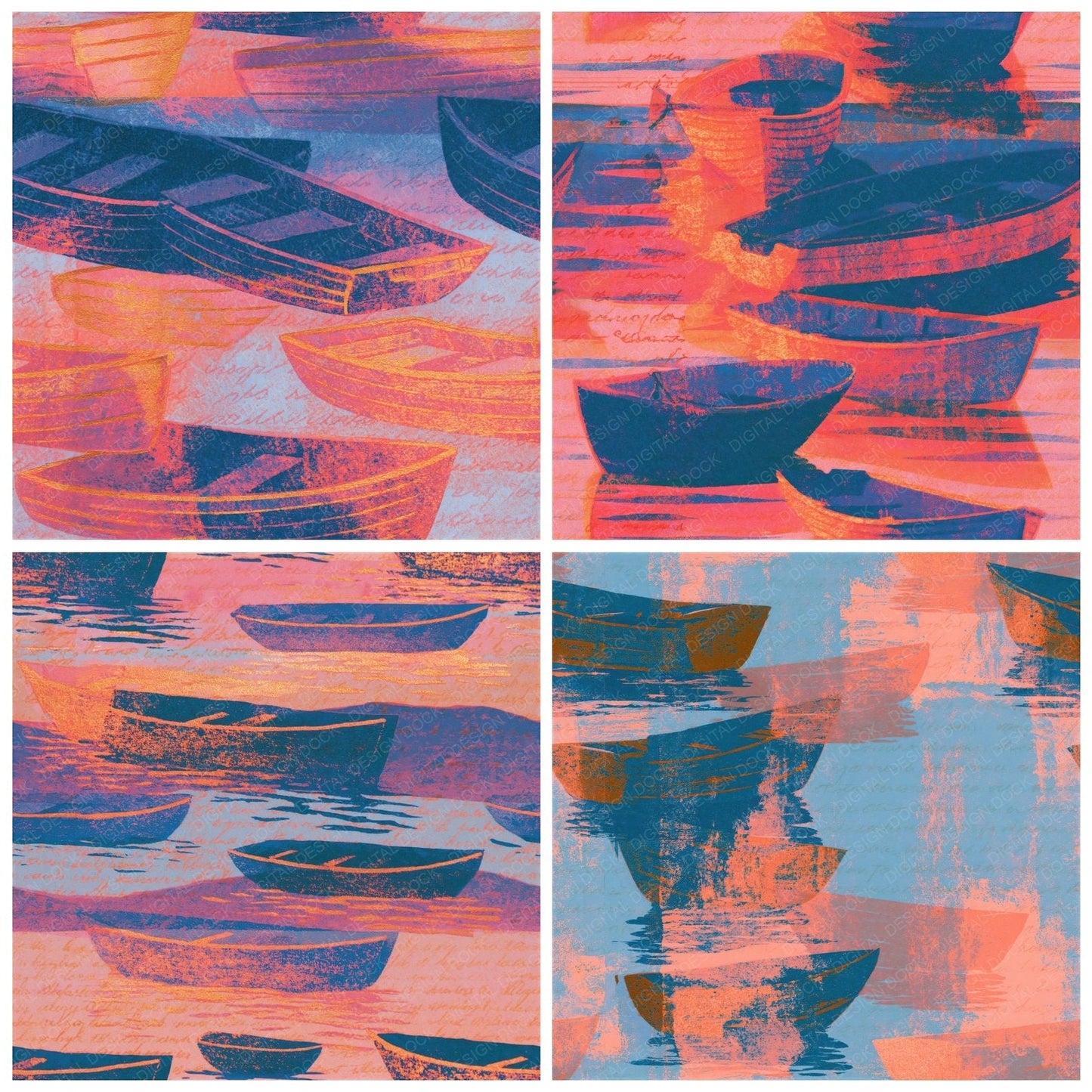 Risograph Rowing Boats Apricot Rose Seamless Digital Paper Pack (DDD014061)