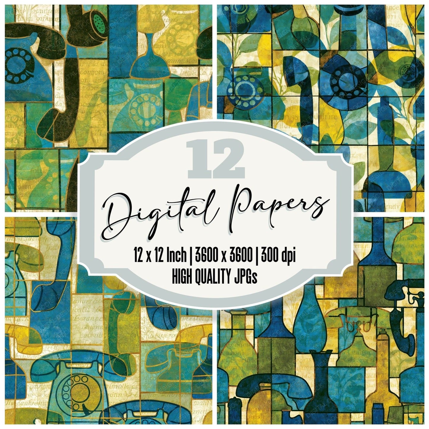 Stained Glass Vintage Telephone Azure Cypress Bone Digital Paper Pack (DDD014062)