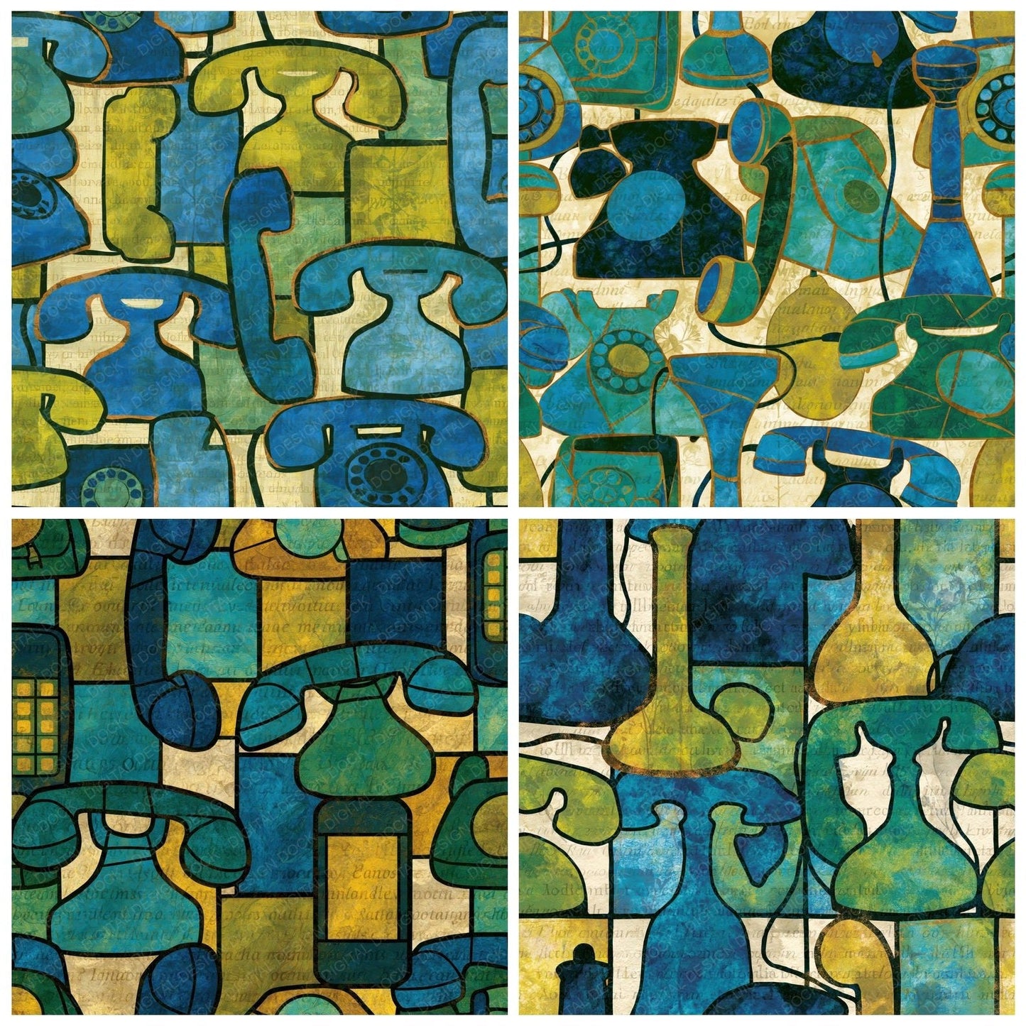Stained Glass Vintage Telephone Azure Cypress Bone Digital Paper Pack (DDD014062)