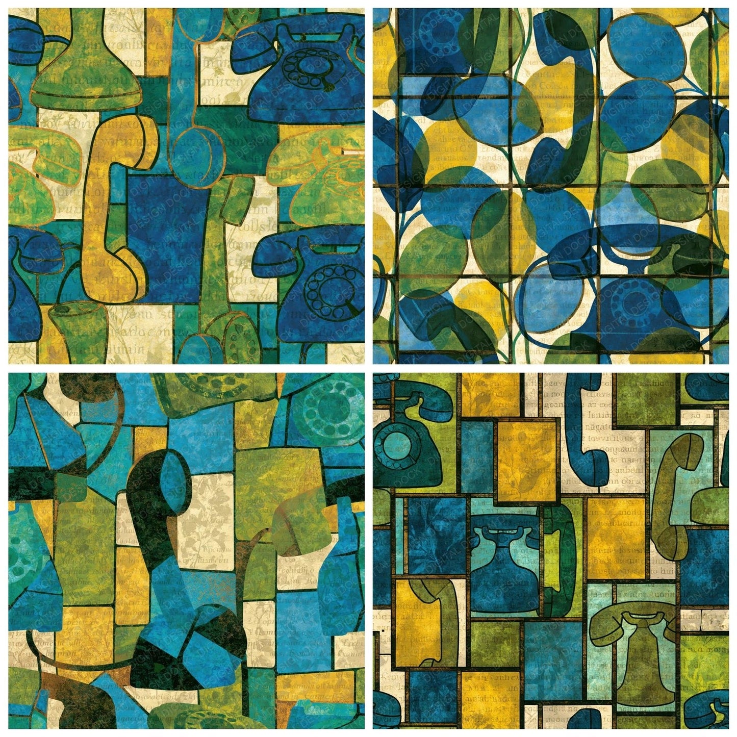 Stained Glass Vintage Telephone Azure Cypress Bone Digital Paper Pack (DDD014062)
