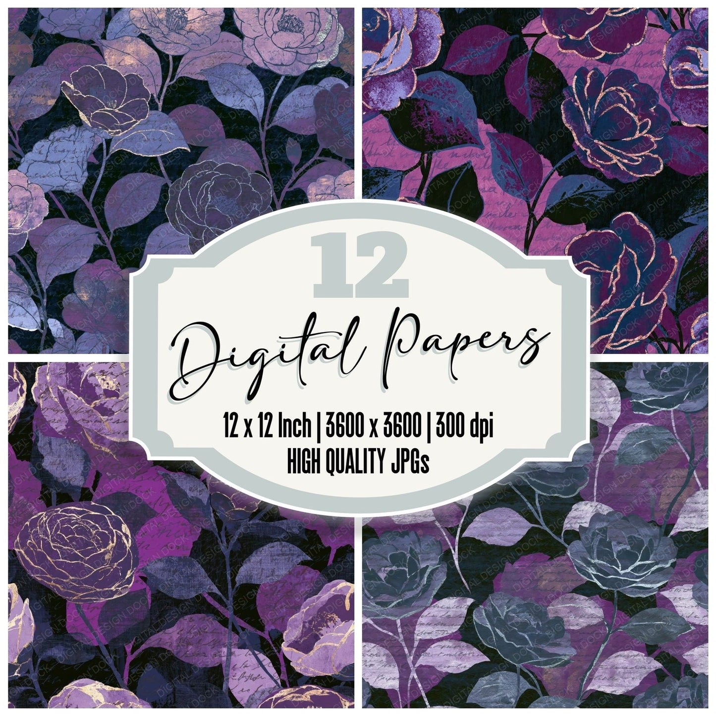 Torn Paper Camellias Mauve Plum Digital Paper Pack (DDD014063)