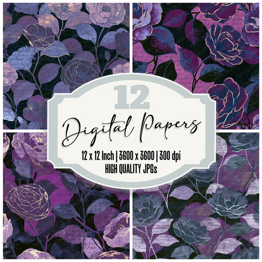 Torn Paper Camellias Mauve Plum Digital Paper Pack (DDD014063)