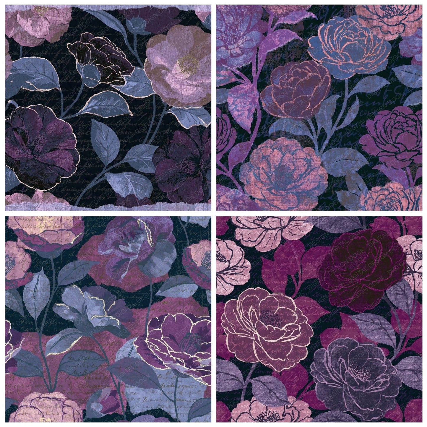 Torn Paper Camellias Mauve Plum Digital Paper Pack (DDD014063)