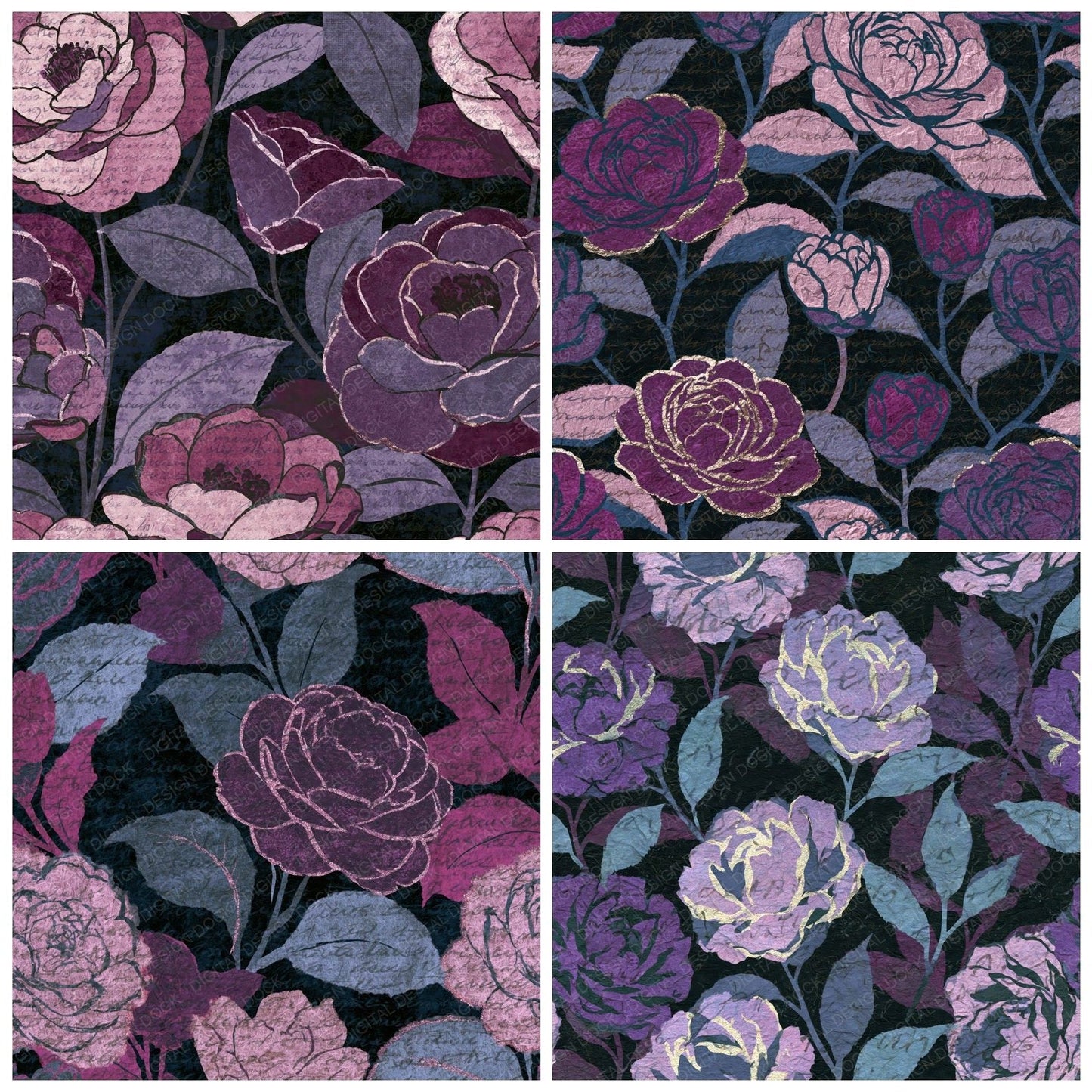 Torn Paper Camellias Mauve Plum Digital Paper Pack (DDD014063)