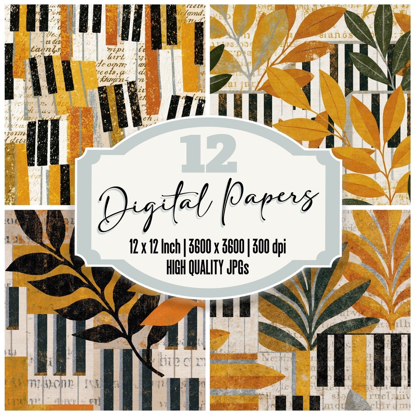 Antique Botanical Piano Keys Wheat Gold Digital Paper Pack (DDD014065)
