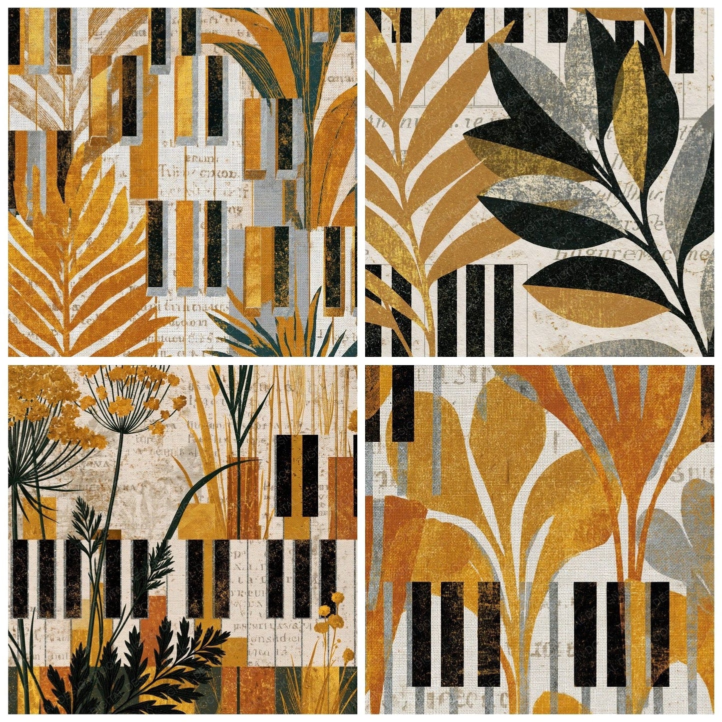 Antique Botanical Piano Keys Wheat Gold Digital Paper Pack (DDD014065)