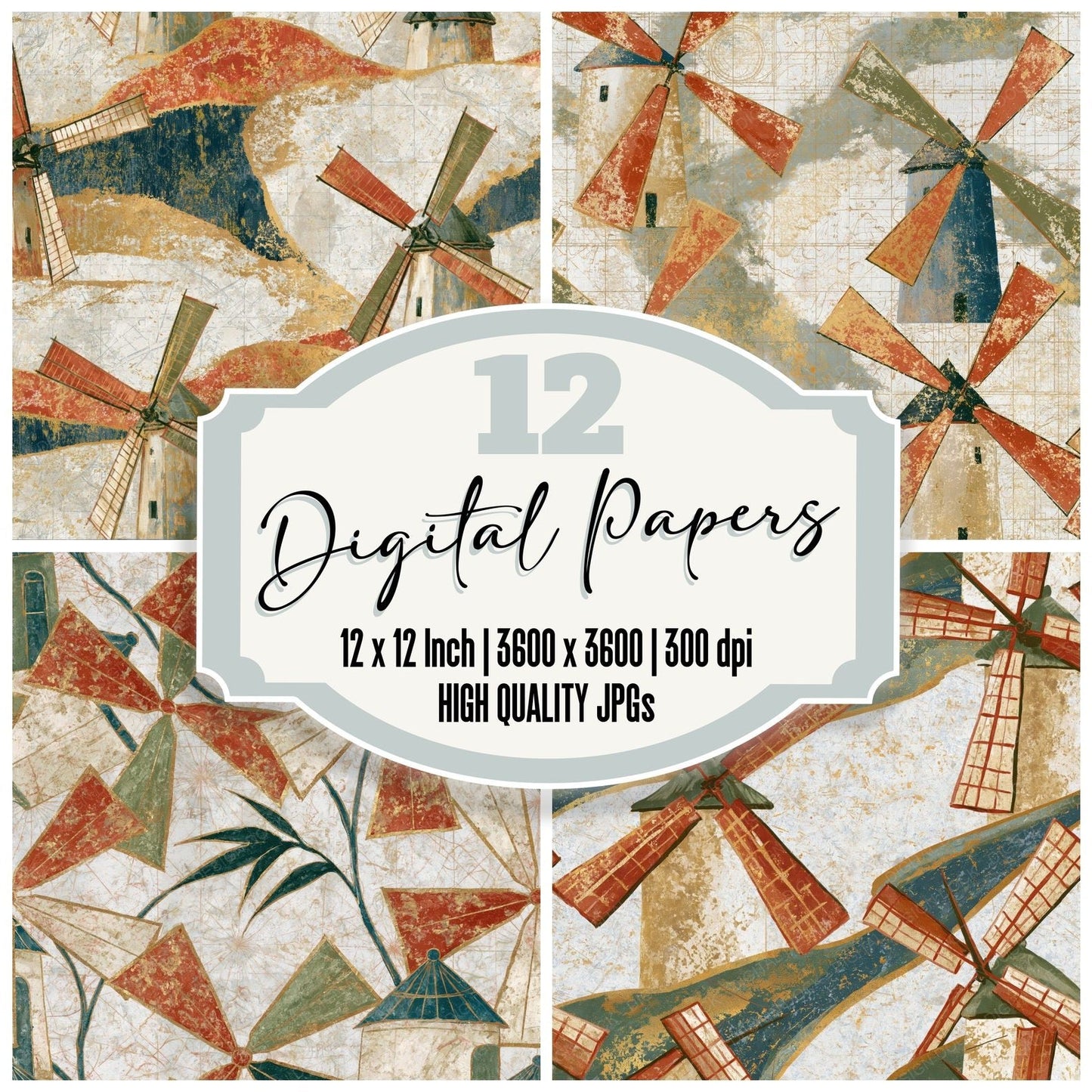 Chinoiserie Windmills Terracotta Olive Digital Paper Pack (DDD014067)