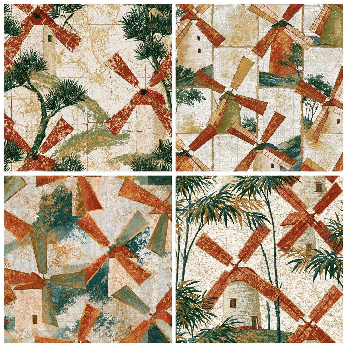 Chinoiserie Windmills Terracotta Olive Digital Paper Pack (DDD014067)