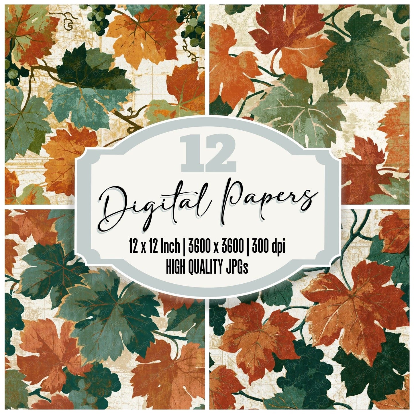 Mezzotint Wine Vines Avocado Burnt Orange Digital Paper Pack (DDD014073)