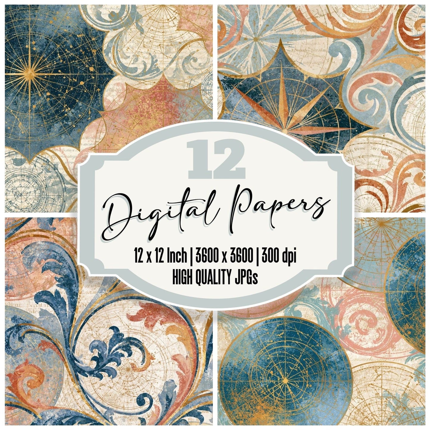 Rococo Astrological Charts Peach Cream Digital Paper Pack (DDD014079)