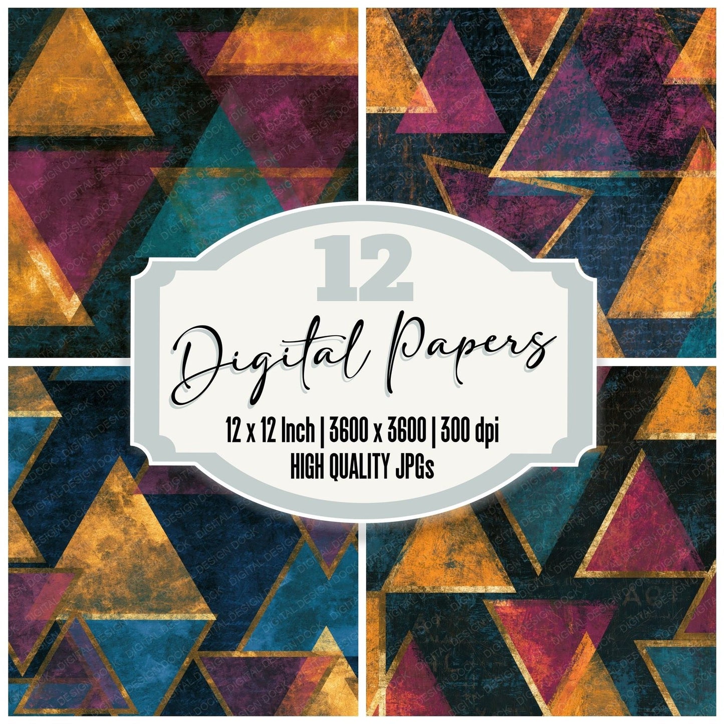 Scratchboard Glowing Triangles Plum Teal Digital Paper Pack (DDD014080)