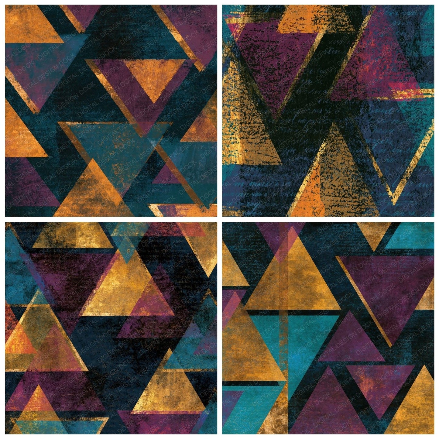 Scratchboard Glowing Triangles Plum Teal Digital Paper Pack (DDD014080)