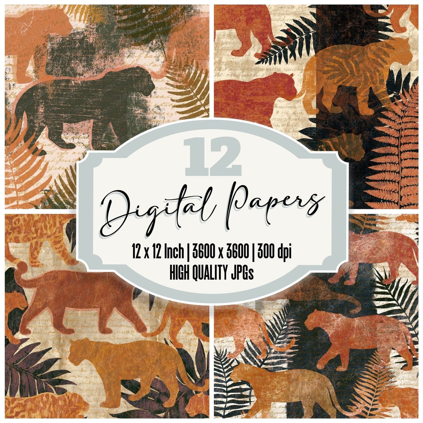 Scratchboard Jaguar Burnt Orange Cream Digital Paper Pack (DDD014081)