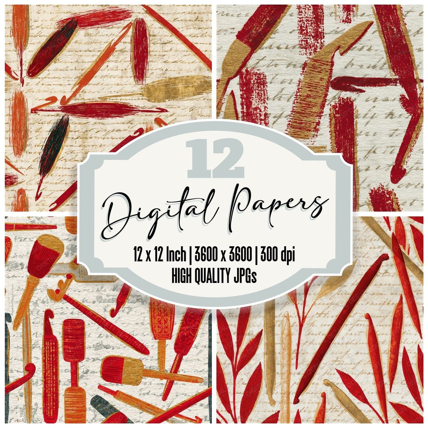 Chinoiserie Crochet Hooks Red Gold Seamless Digital Paper Pack (DDD014089)