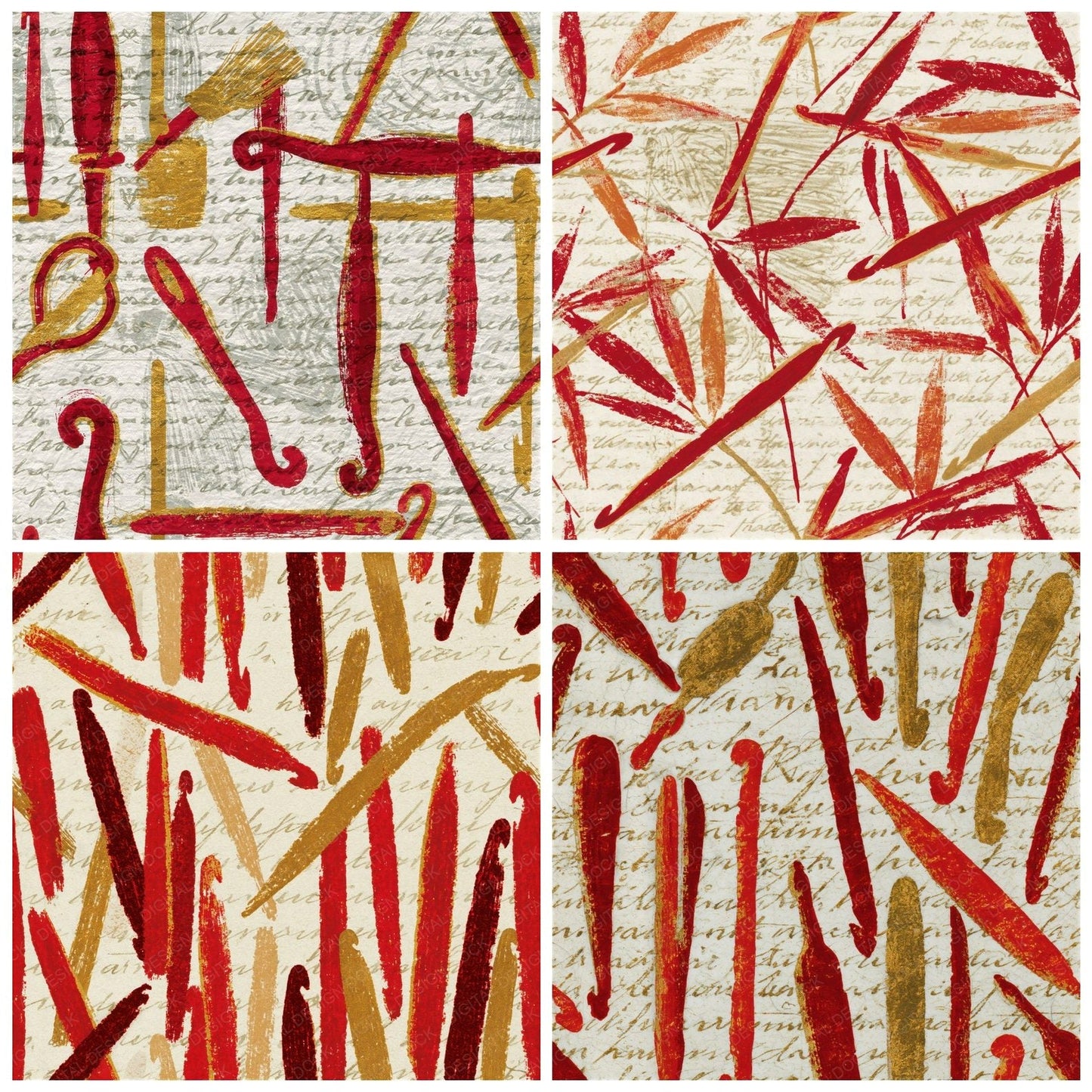 Chinoiserie Crochet Hooks Red Gold Seamless Digital Paper Pack (DDD014089)