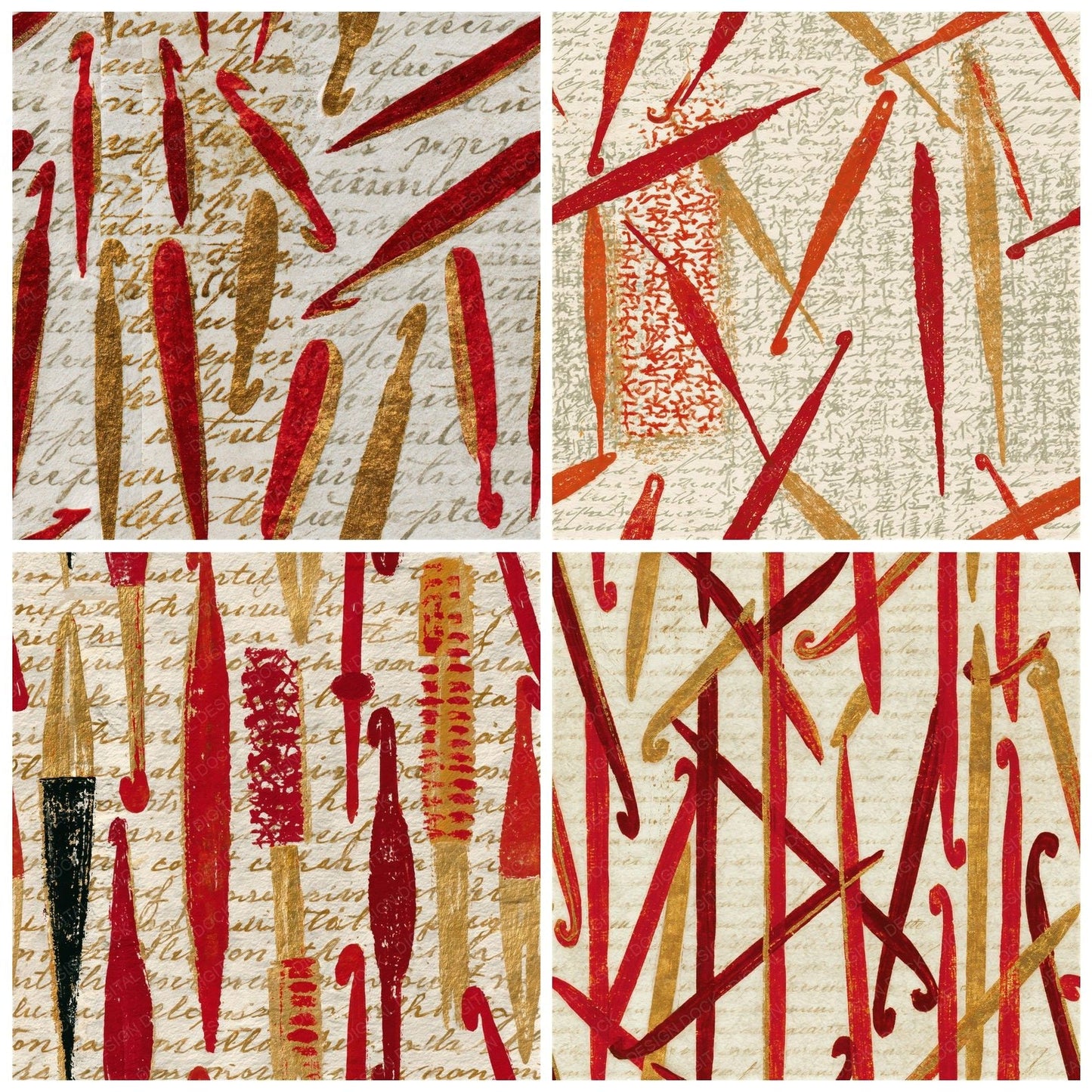 Chinoiserie Crochet Hooks Red Gold Seamless Digital Paper Pack (DDD014089)